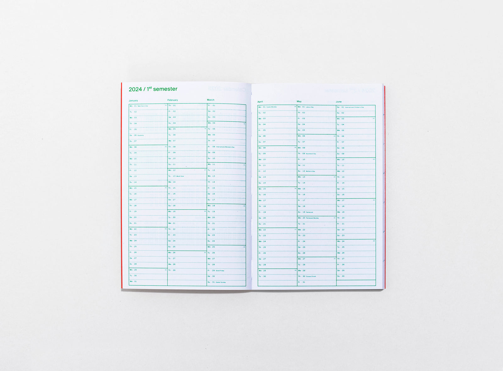layout of the planner 2024 me & us, green ink on white, semester page