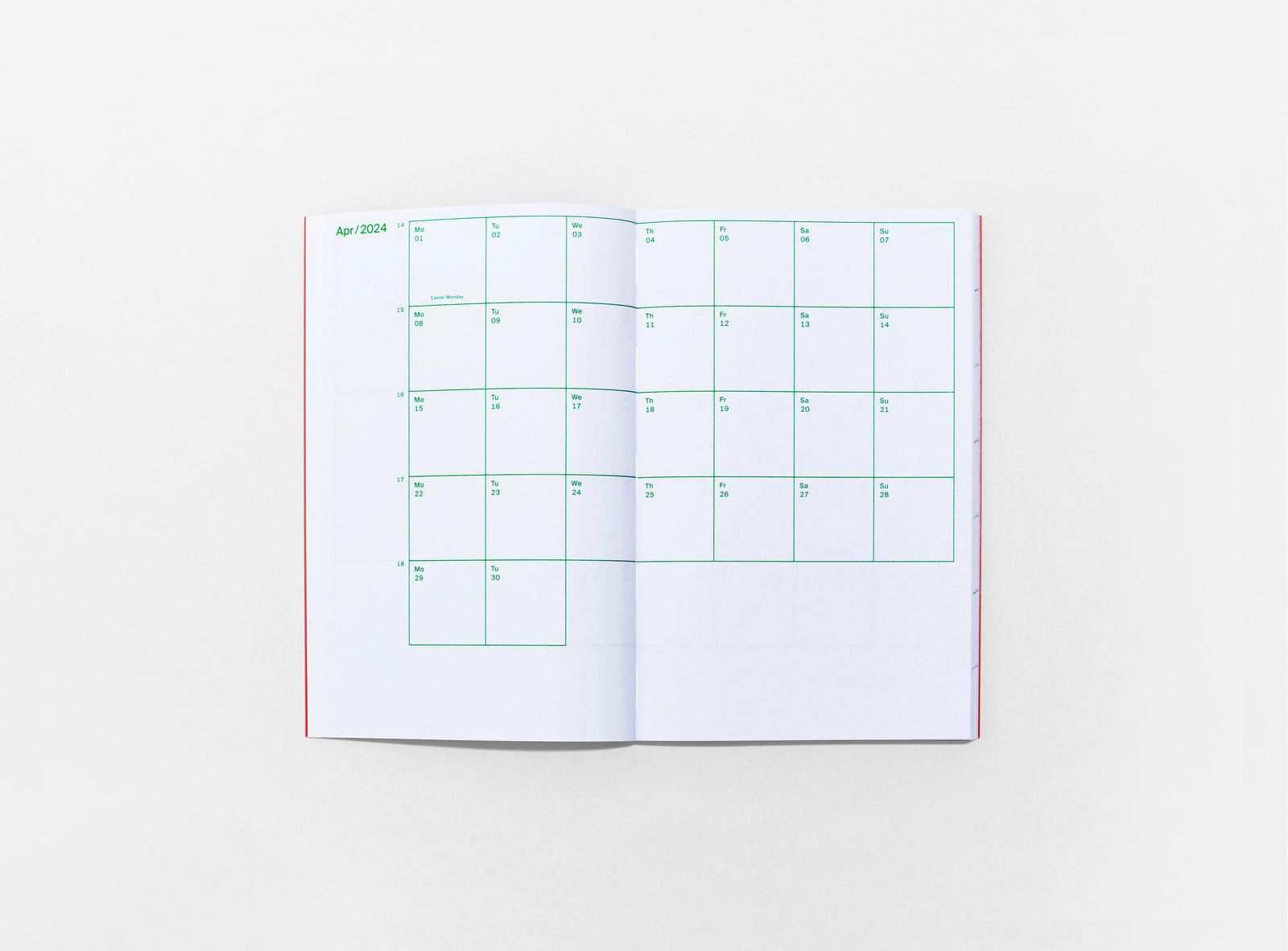 layout of the planner 2024 me & us, green ink on white, monthly overview