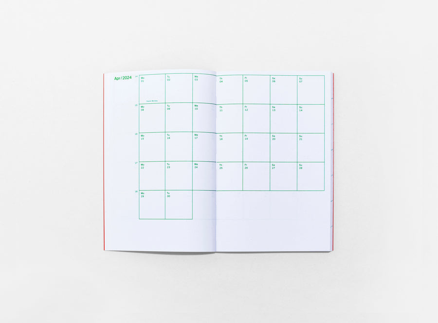 layout of the planner 2024 me & us, green ink on white, monthly overview