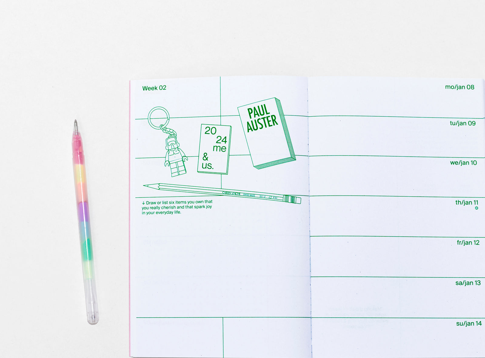 layout of the planner 2024 me & us, green ink on white, small vector illustrations with pen on the side