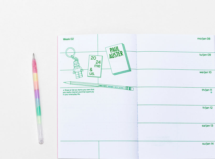 layout of the planner 2024 me & us, green ink on white, small vector illustrations with pen on the side