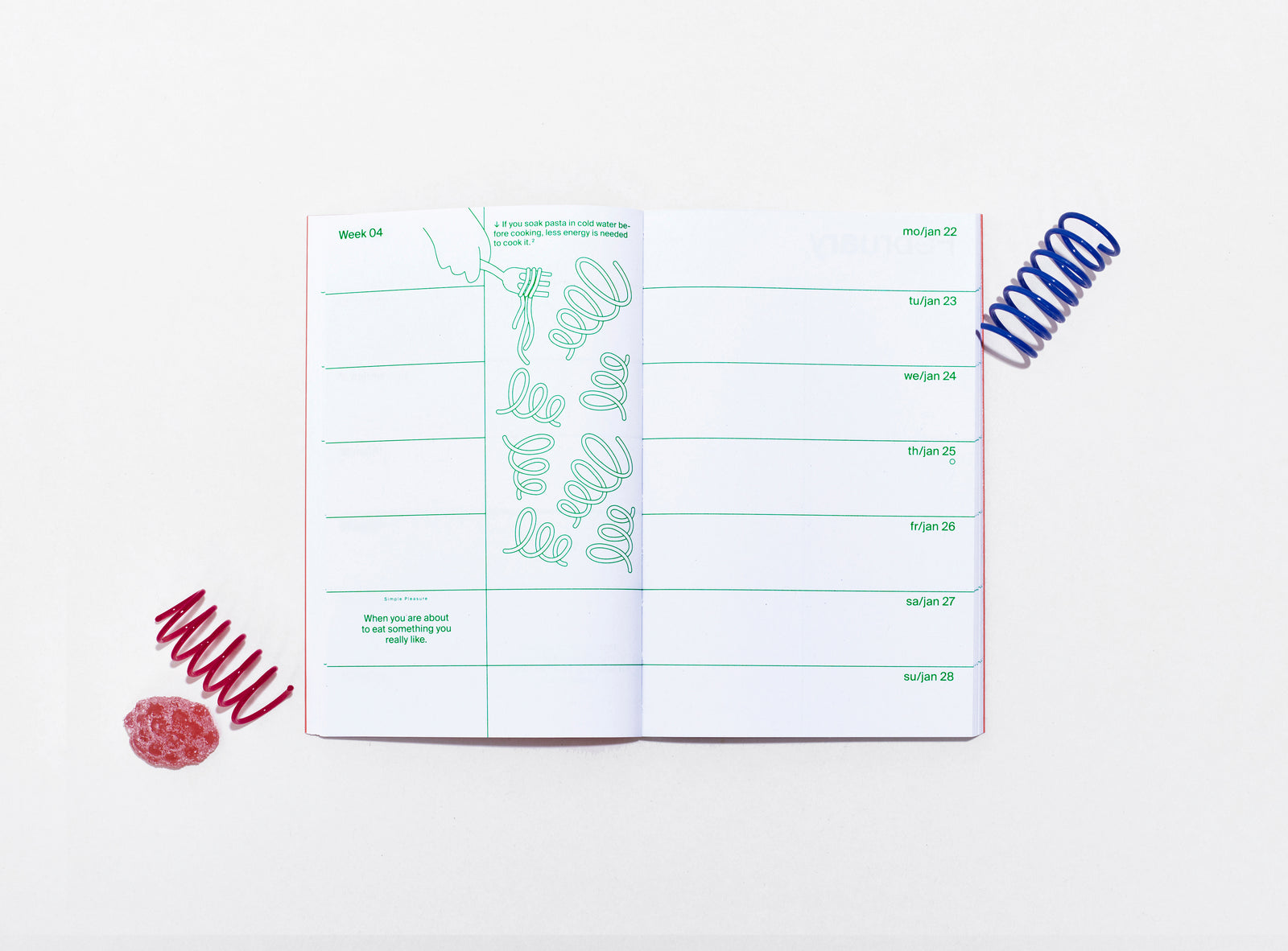 layout of the planner 2024 me & us, green ink on white, small vector illustrations with small objects on the side