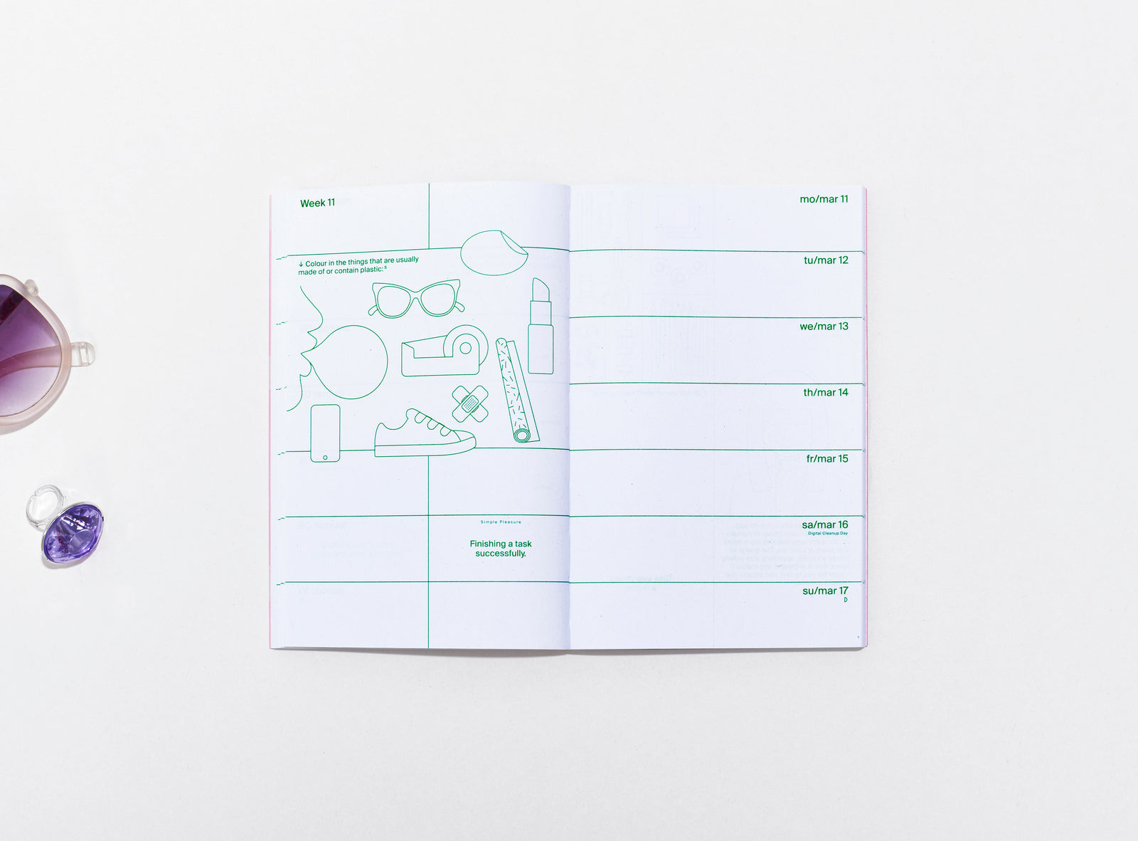 layout of the planner 2024 me & us, green ink on white, small vector illustrations with small objects on the side