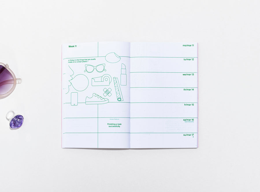 layout of the planner 2024 me & us, green ink on white, small vector illustrations with small objects on the side