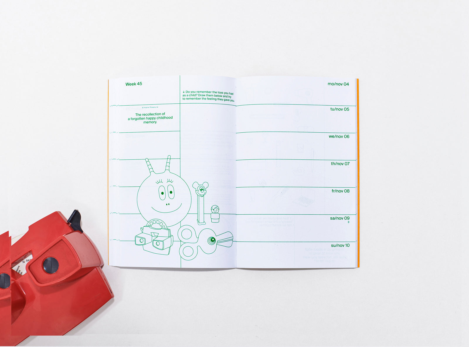 layout of the planner 2024 me & us, green ink on white, small vector illustrations with red toy on the left side