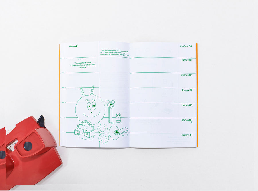 layout of the planner 2024 me & us, green ink on white, small vector illustrations with red toy on the left side
