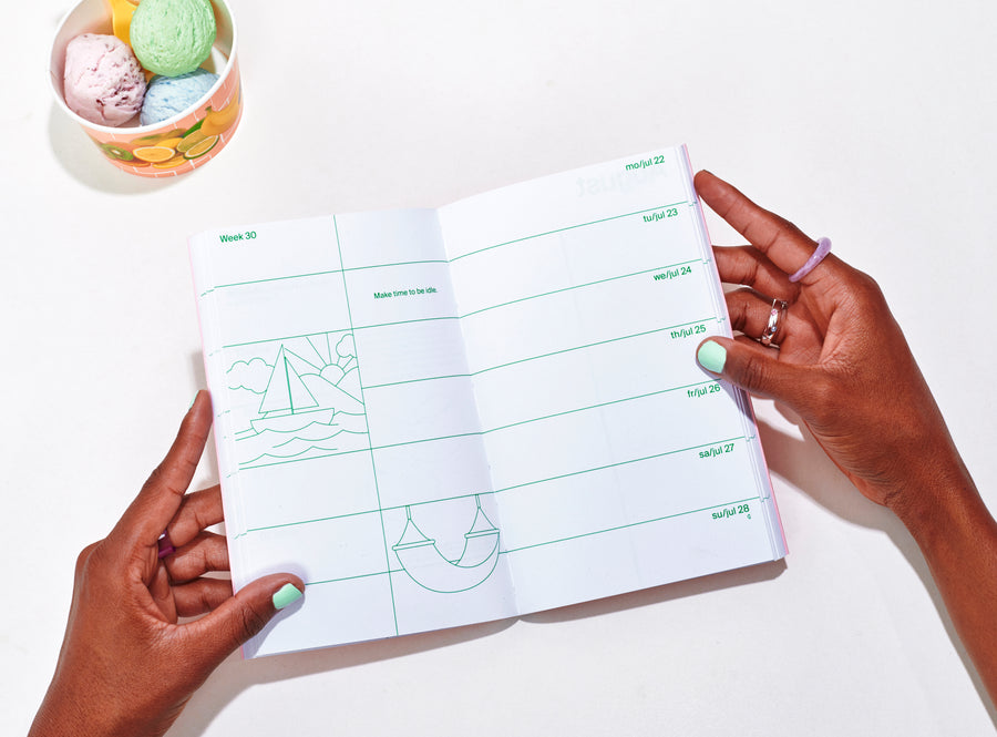 layout of the planner 2024 me & us, green ink on white, small vector illustrations with ice cream on the back, black model holds the planner