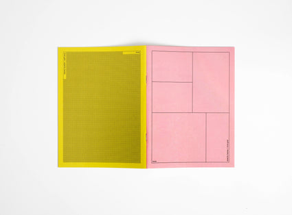 1 pink and yellow notebooks booq open to see the cover on a white background