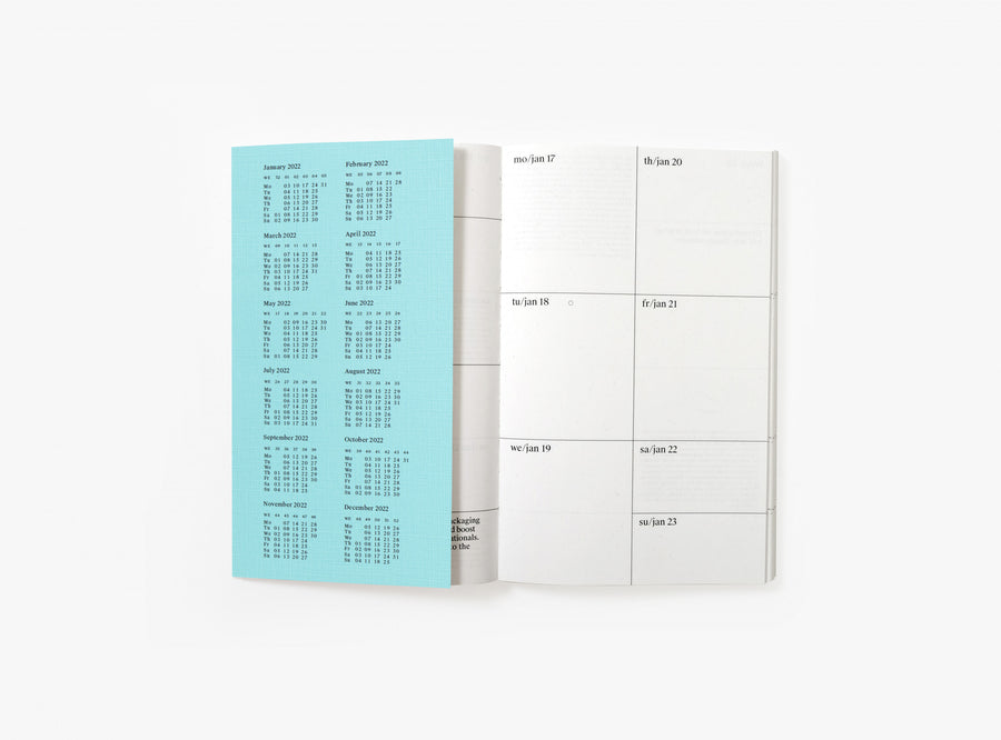 First spread of our 2022 planner with the bandana showing the year calendar.