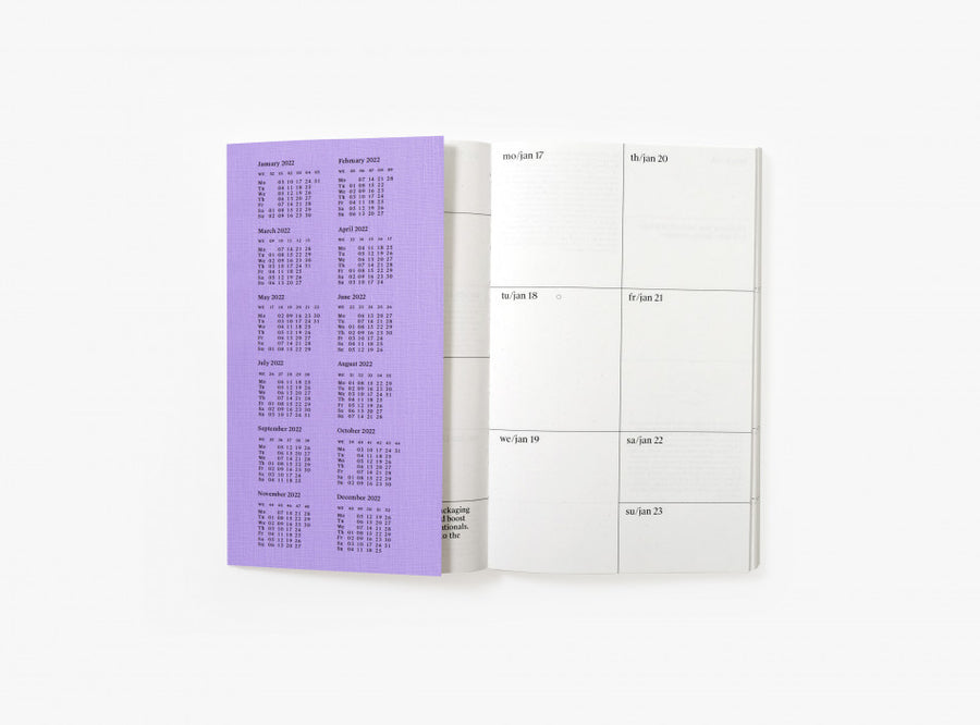 First spread of our 2022 planner with the bandana showing the year calendar.