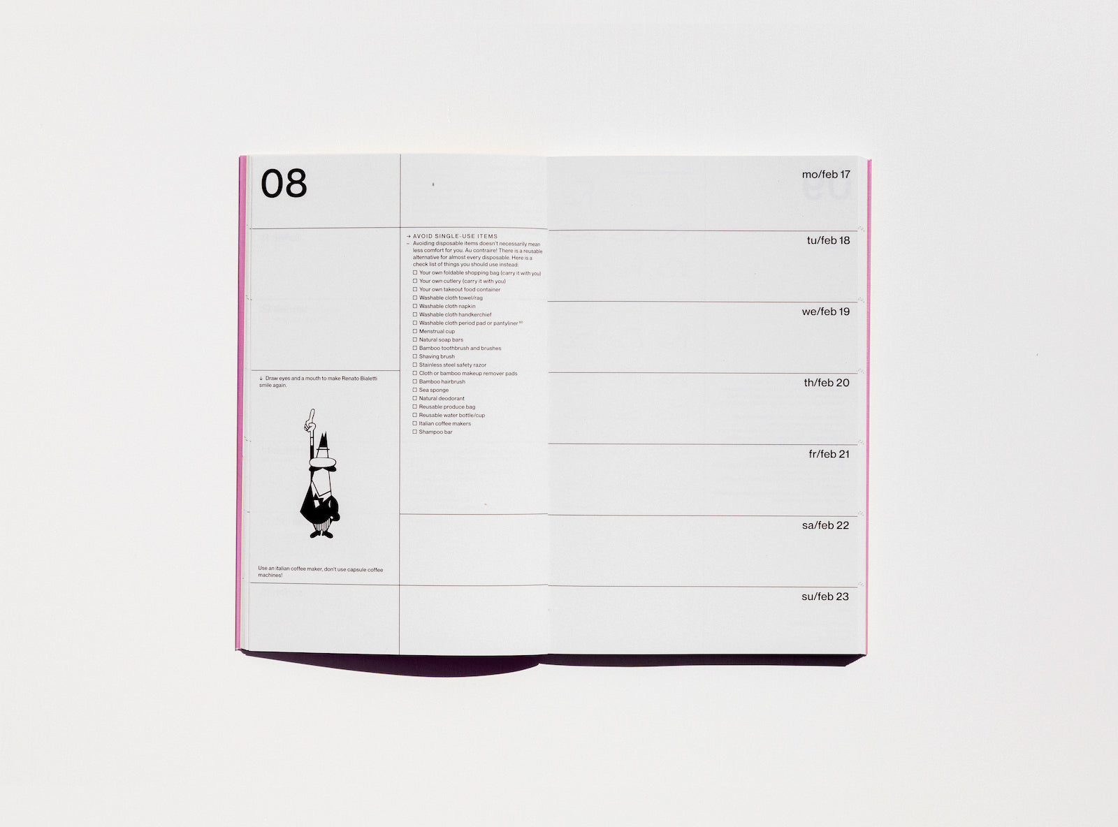 Spread from our 2020 planner showing the week view and a page with illustrations to fill in.