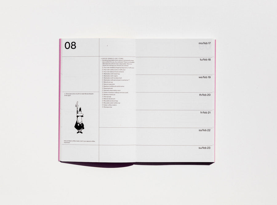 Spread from our 2020 planner showing the week view and a page with illustrations to fill in.