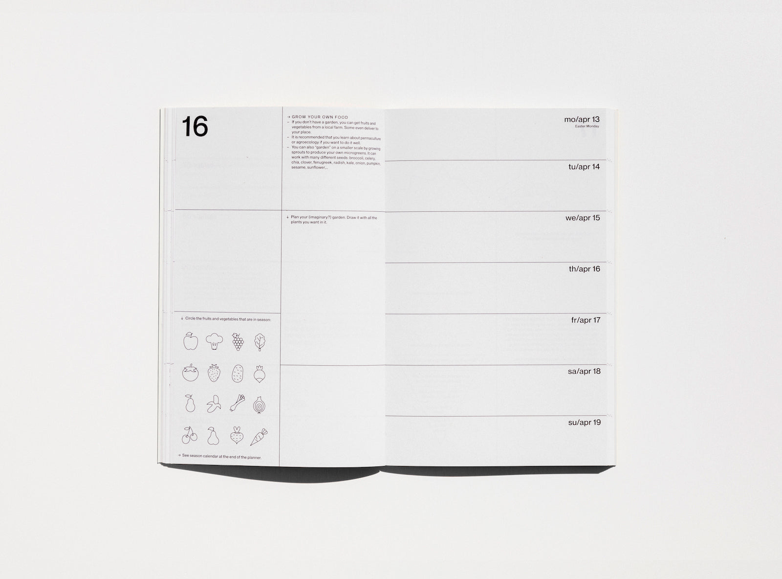 Spread from our 2020 planner showing the week view and a page with illustrations to fill in.
