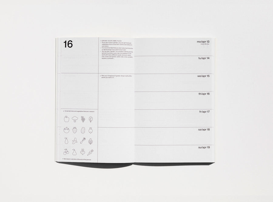 Spread from our 2020 planner showing the week view and a page with illustrations to fill in.
