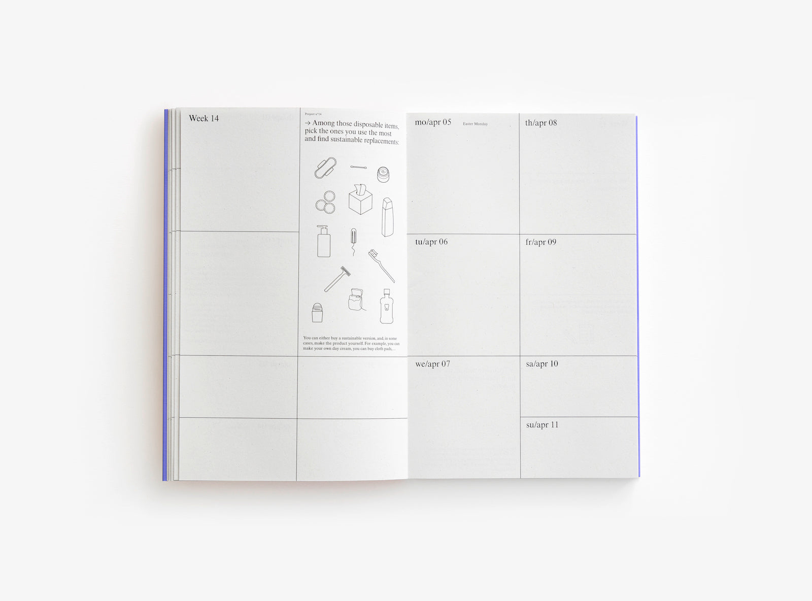 Spread of our 2021 planner with the week view and illustrations.