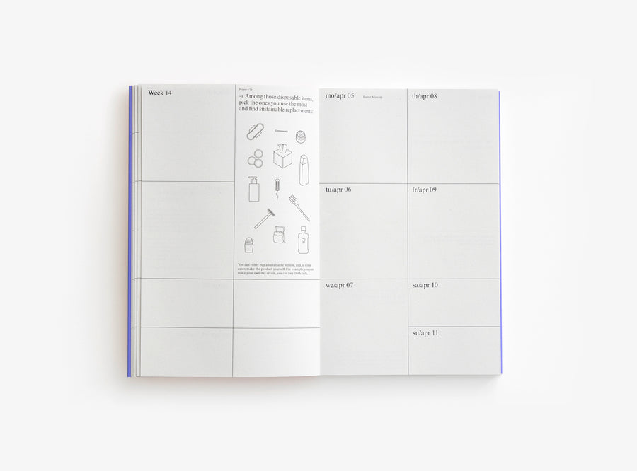 Spread of our 2021 planner with the week view and illustrations.