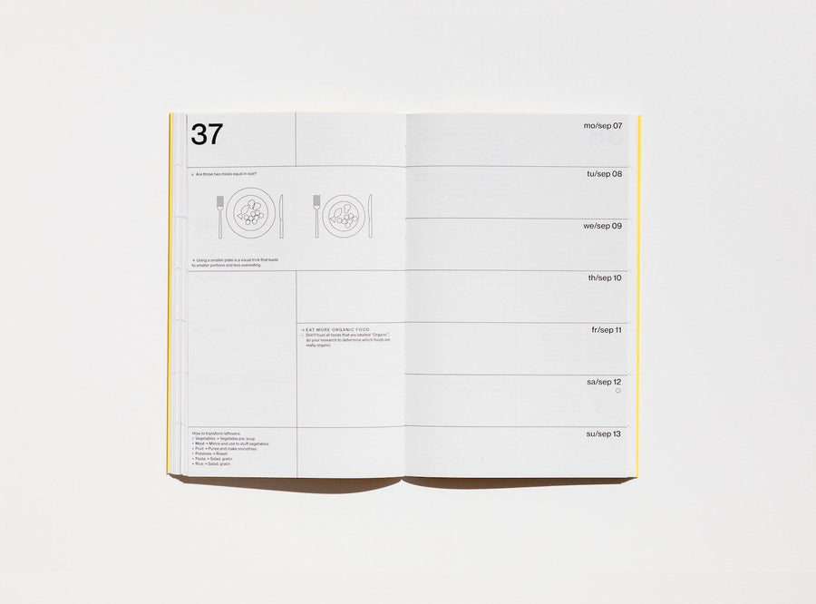 Spread from our 2020 planner showing the week view and a page with illustrations to fill in.