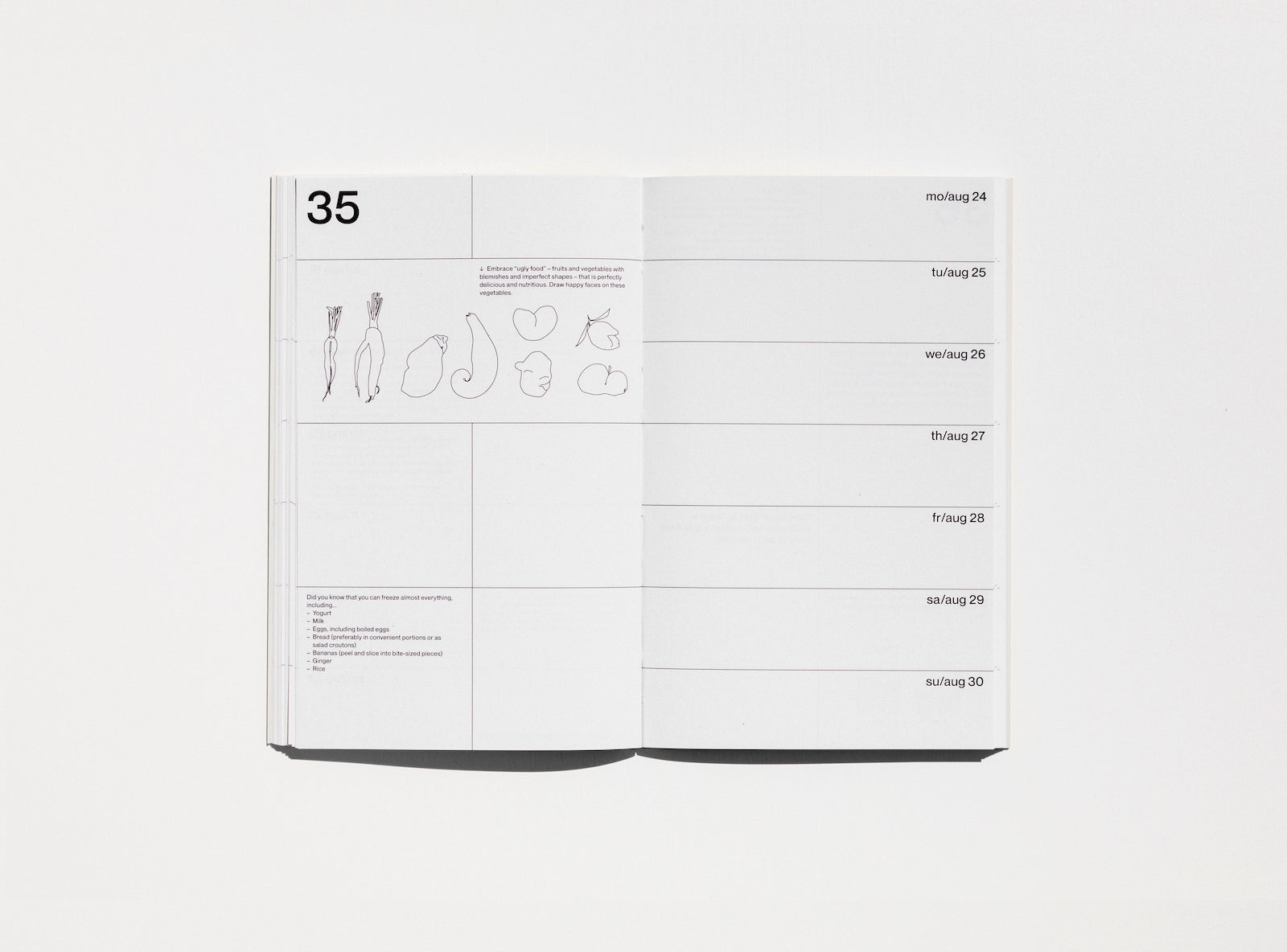 Spread from our 2020 planner showing the week view and a page with illustrations to fill in.