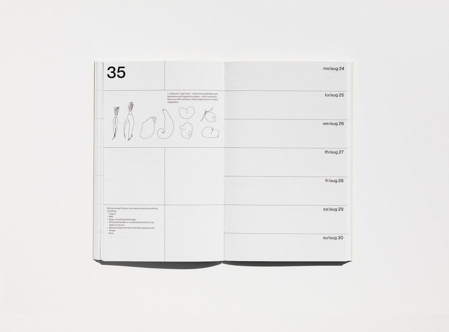 Spread from our 2020 planner showing the week view and a page with illustrations to fill in.