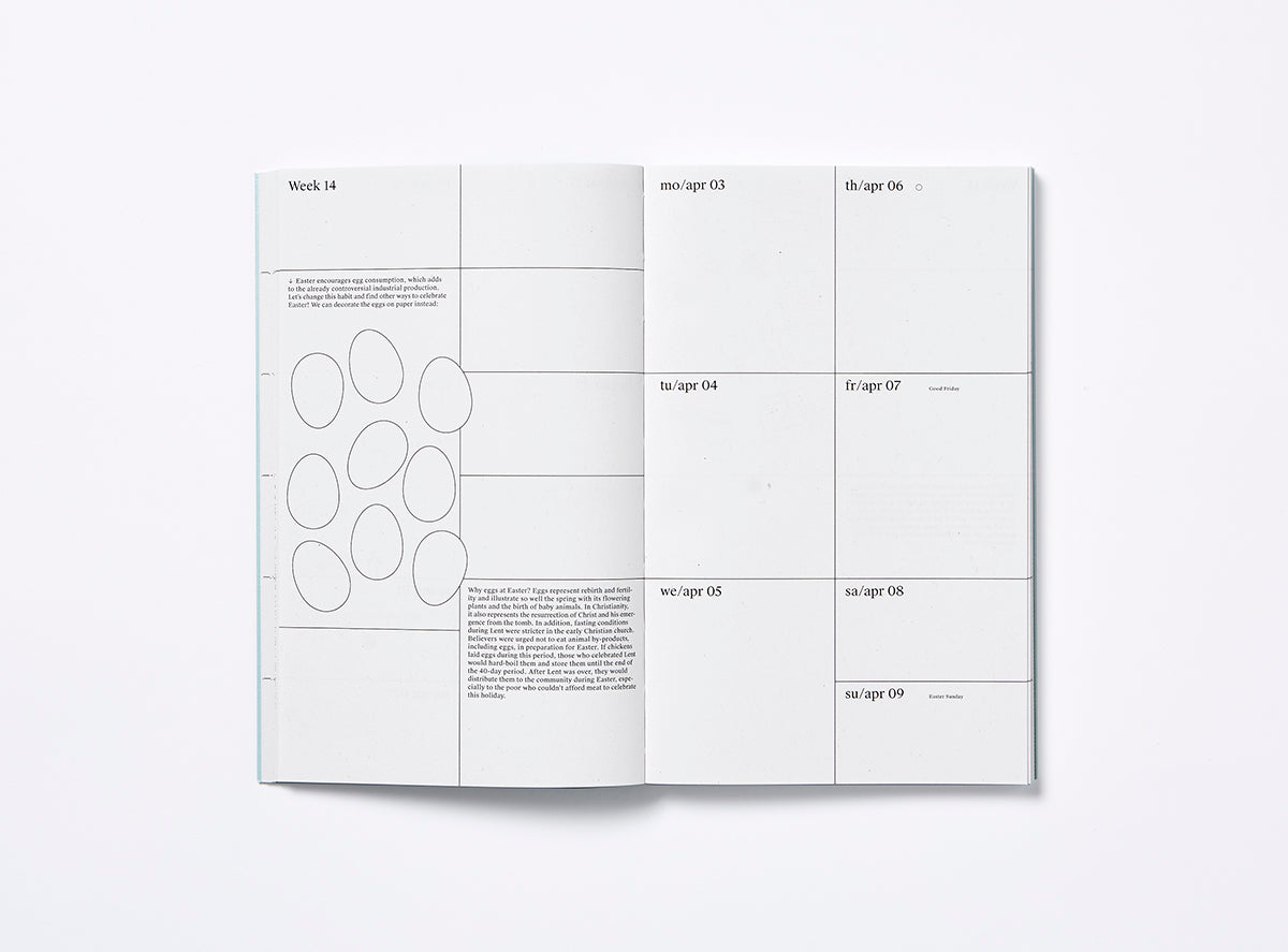 Spread of our 2023 planner with the week view and illustrations.