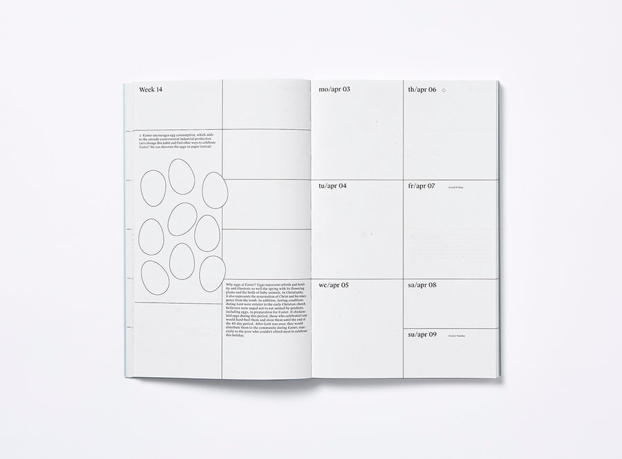 Spread of our 2023 planner with the week view and illustrations.