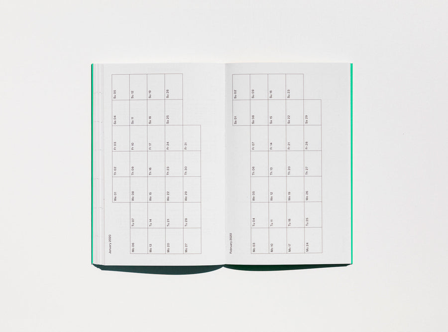 Spread from our 2020 planner showing the calendar view.
