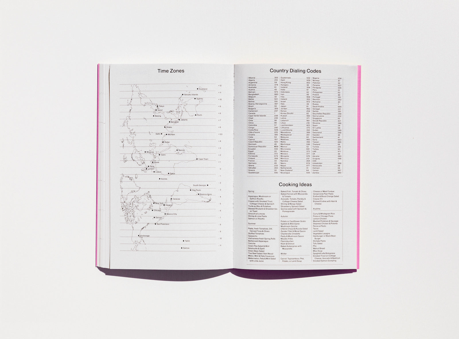 Spread from our 2020 planner with the time zones, country dealing codes and cooking ideas.