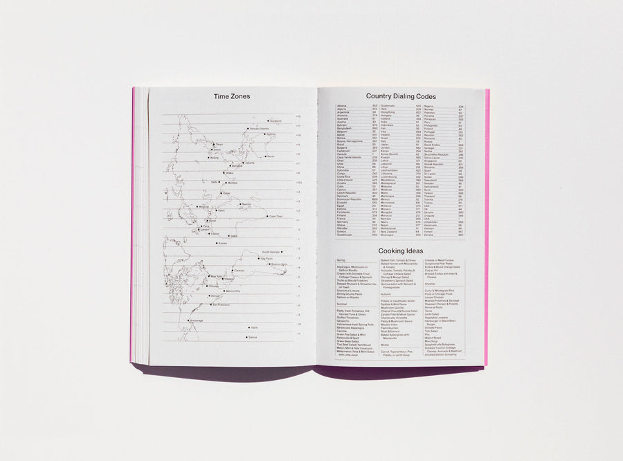 Spread from our 2020 planner with the time zones, country dealing codes and cooking ideas.