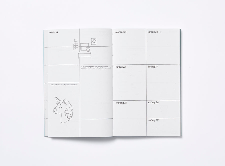 Spread of our 2023 planner with the week view and illustrations.