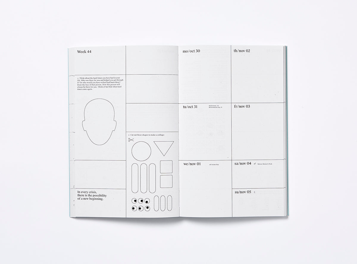 Spread of our 2023 planner with the week view and illustrations.