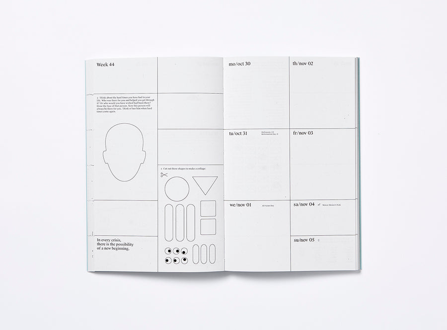Spread of our 2023 planner with the week view and illustrations.