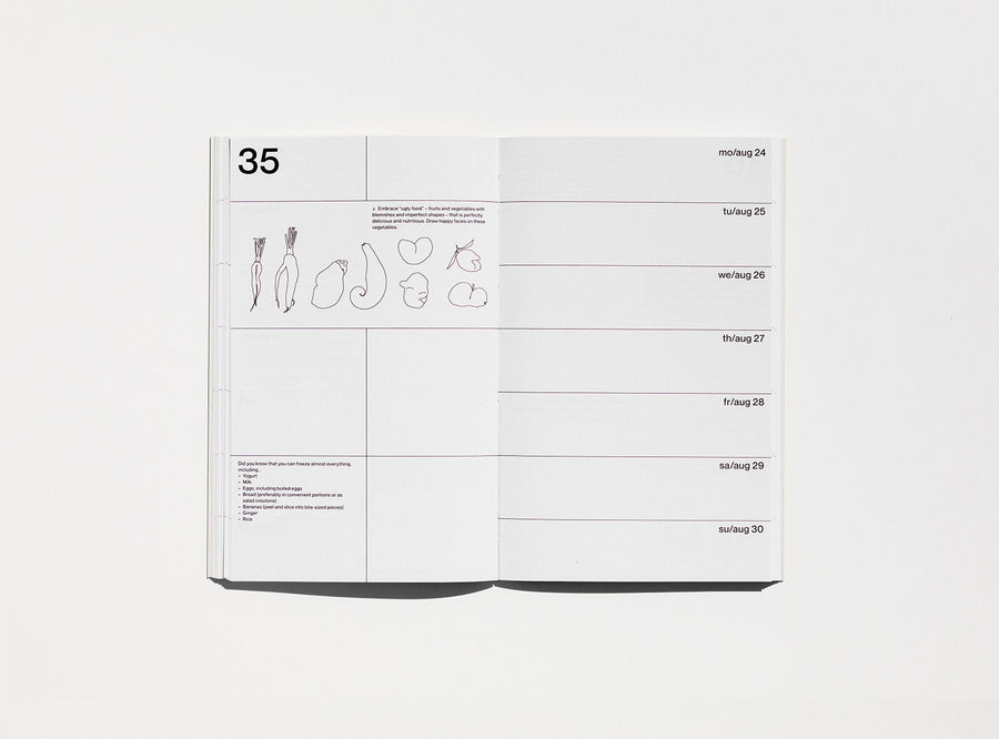 Spread from our 2020 planner showing the week view and a page with illustrations to fill in.