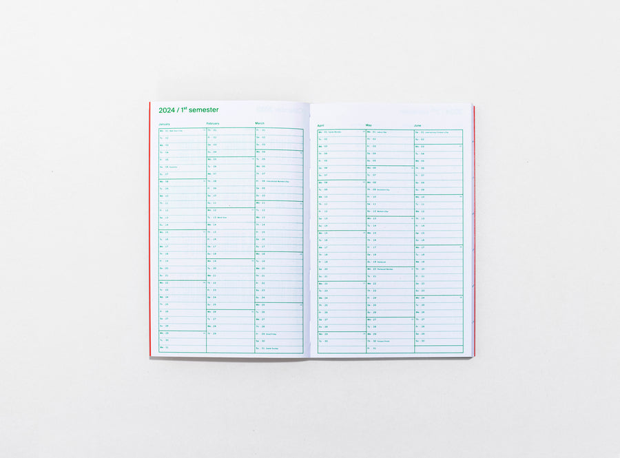layout of the planner 2024 me & us, green ink on white, with semester overview