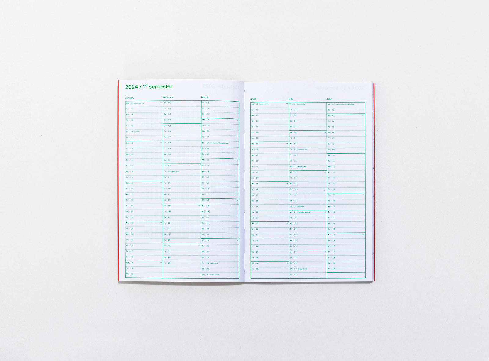 layout of the planner 2024 me & us, green ink on white, semester overview spread