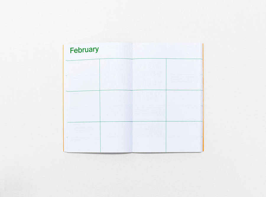 layout of the planner 2024 me & us, green ink on white, month opening page: february