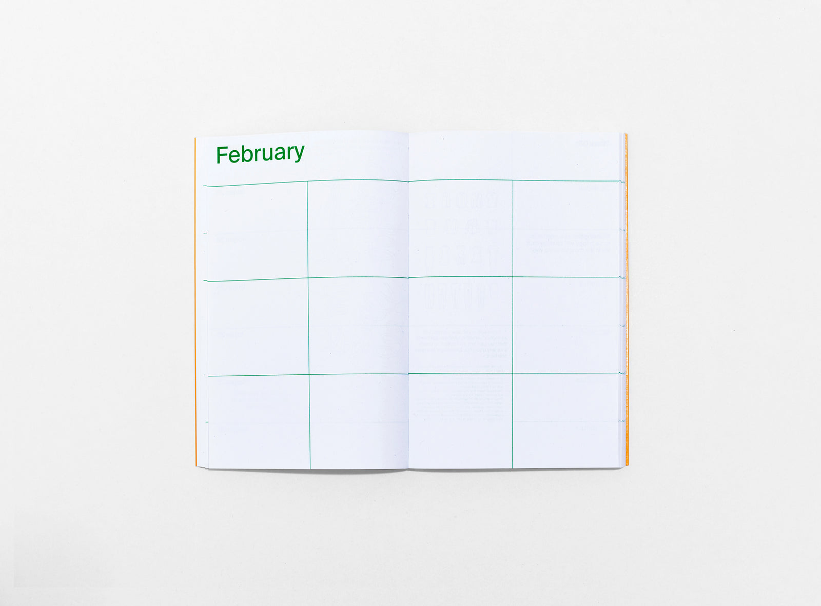 layout of the planner 2024 me & us, green ink on white, opening month title page: february