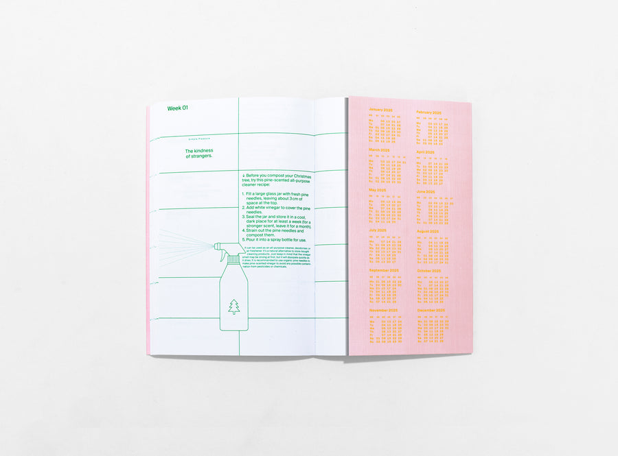 layout of the planner 2024 me & us, green ink on white, open with pink flap on the right side