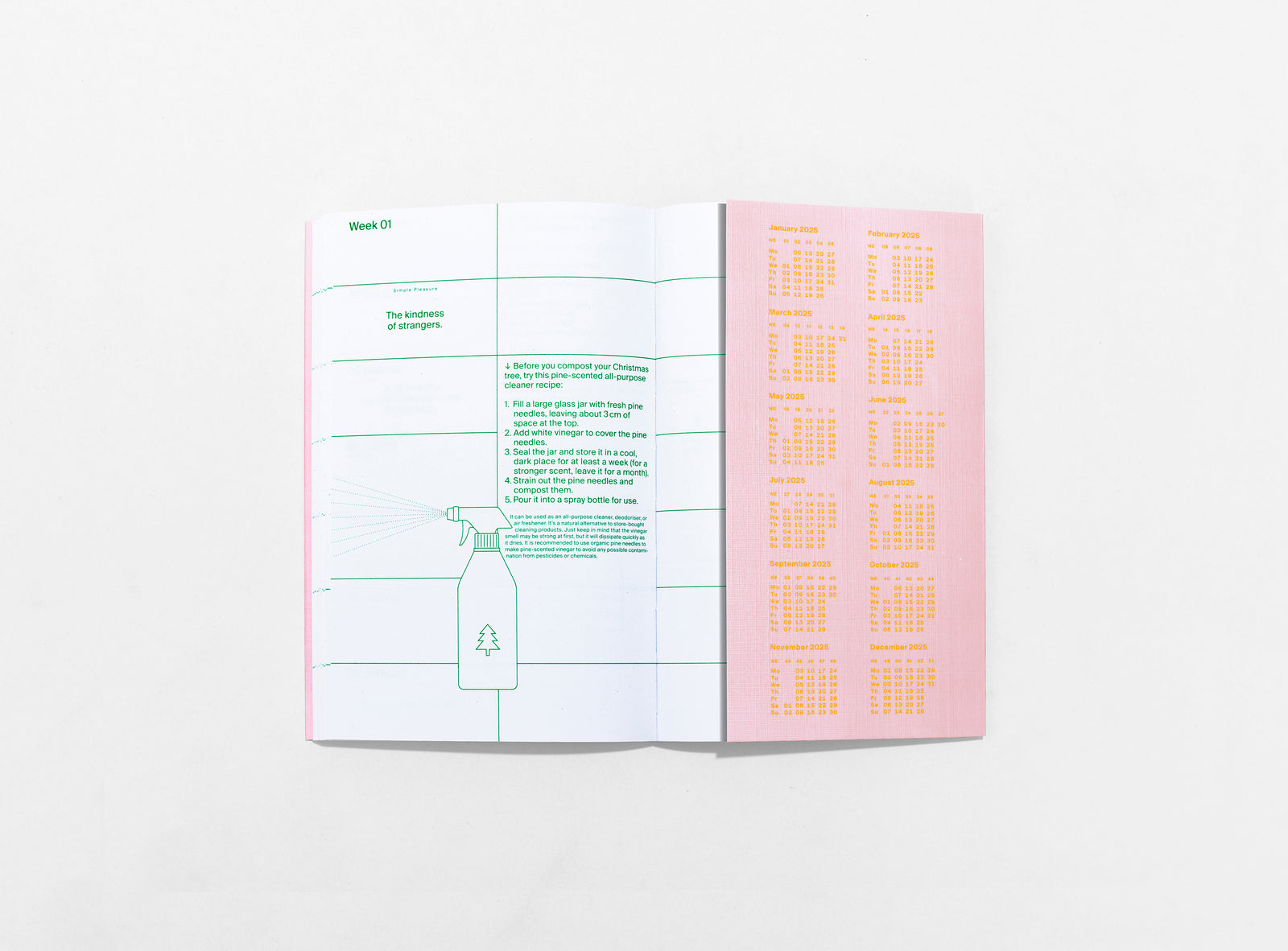 layout of the planner 2024 me & us, green ink on white, small vector illustrations and pink flap cover on the right