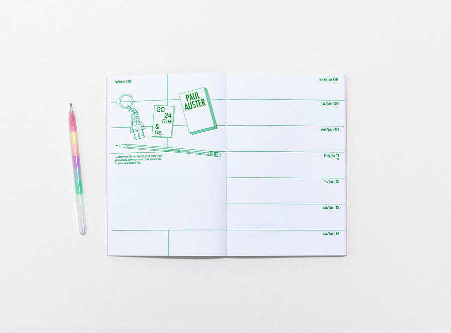 layout of the planner 2024 me & us, green ink on white, small vector illustrations with pen on the side