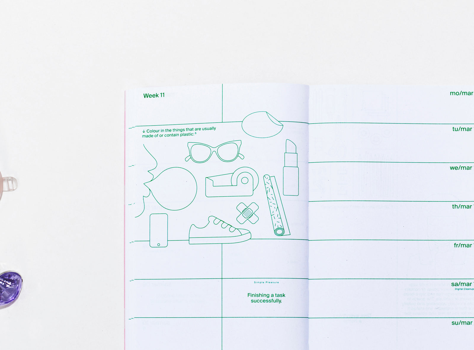 detail of layout of the planner 2024 me & us, green ink on white, small vector illustrations with small objects on the side