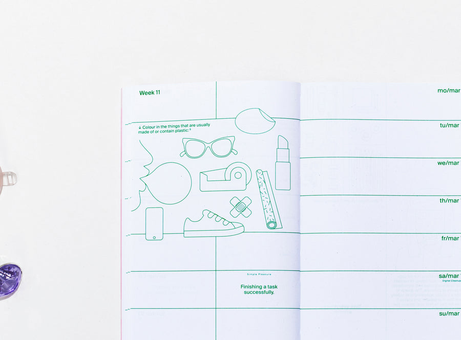 detail of layout of the planner 2024 me & us, green ink on white, small vector illustrations with small objects on the side