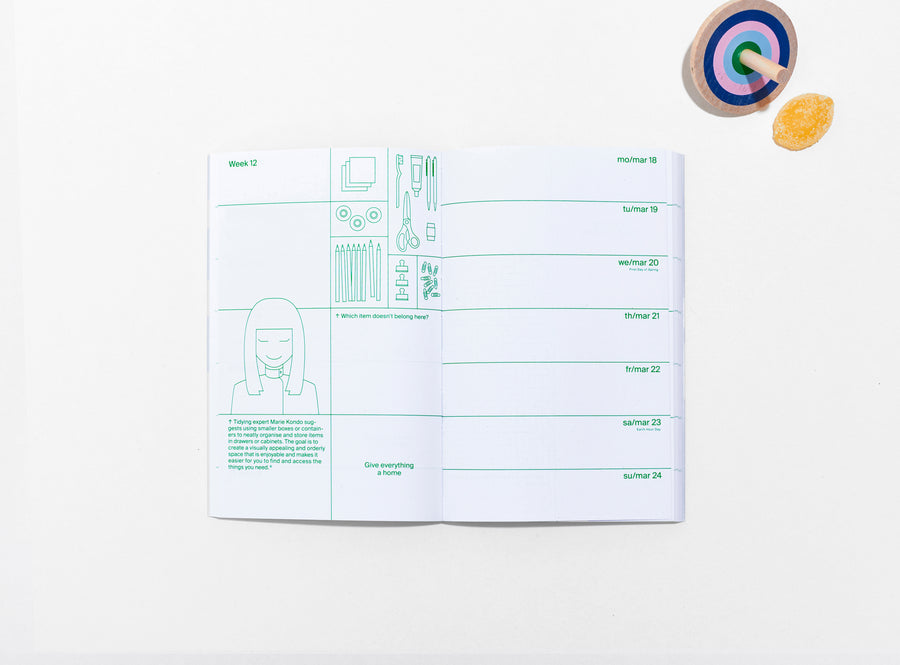 layout of the planner 2024 me & us, green ink on white, small vector illustrations with toys on the side