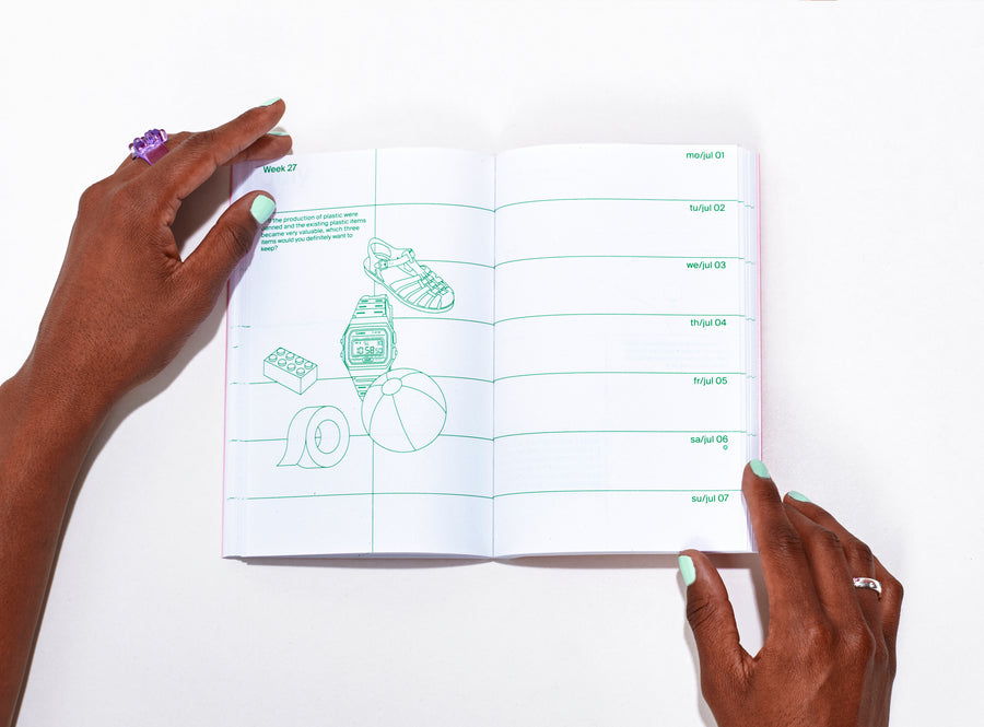 layout of the planner 2024 me & us, green ink on white with small vector illustrations hold by hands of black model