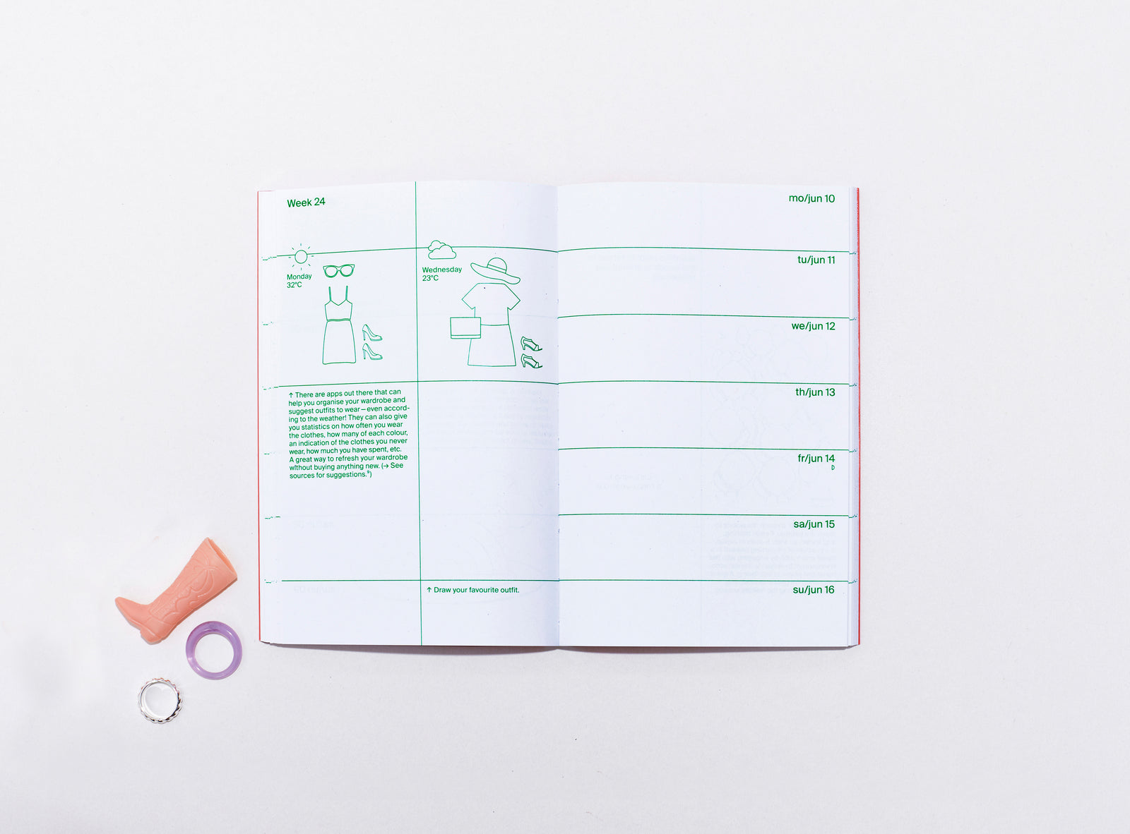 layout of the planner 2024 me & us, green ink on white, small vector illustrations with small objects on the side