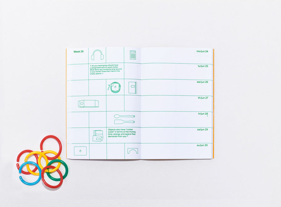 layout of the planner 2024 me & us, green ink on white, small vector illustrations with small objects on the side
