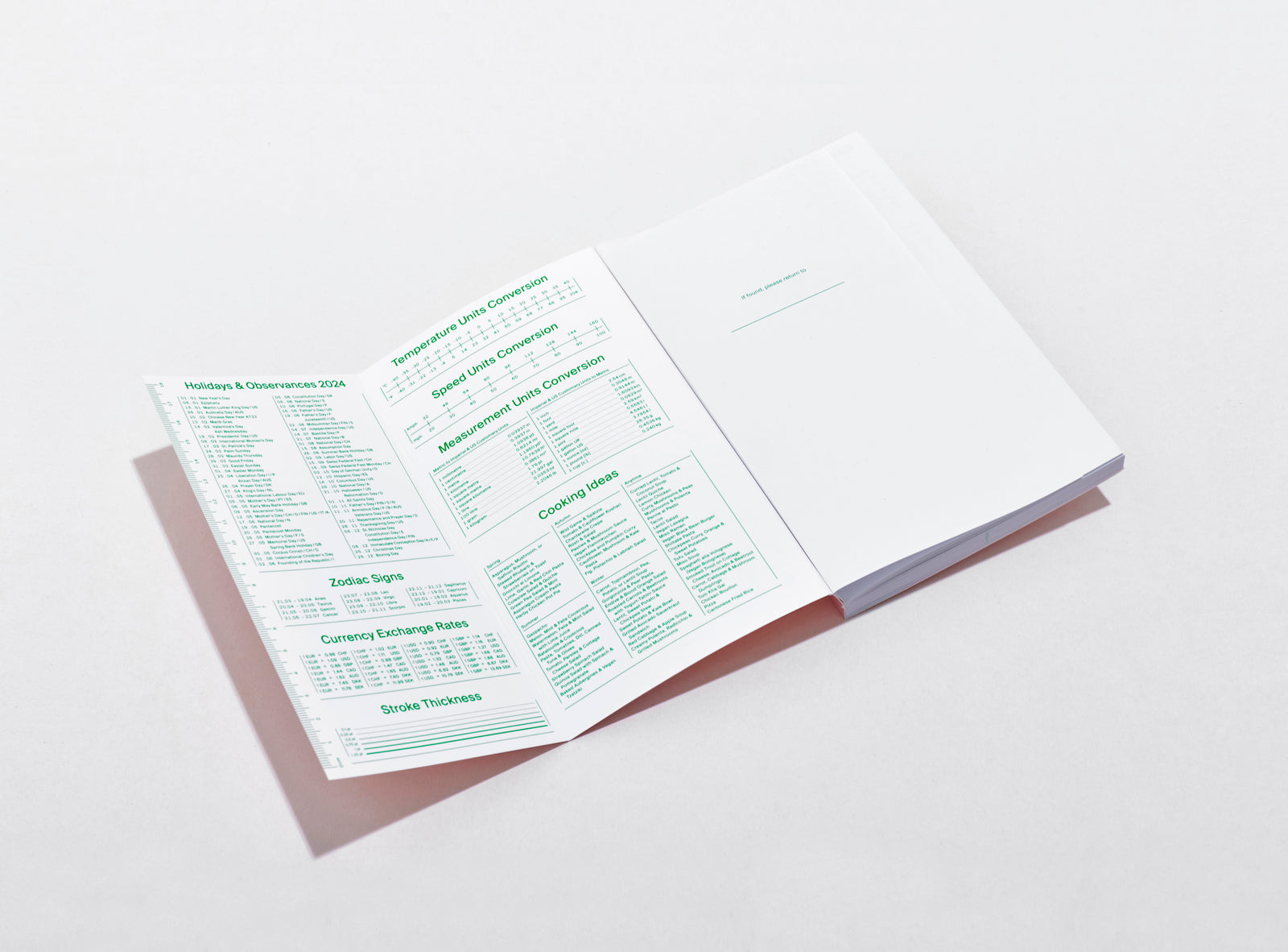 layout of the planner 2024 me & us, green ink on white, open flap