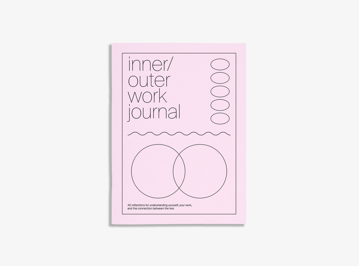 cover of a journal, colour pink on white background, title is: inner/outer work journal, journal is about finding a work-life balance