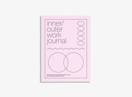 cover of a journal, colour pink on white background, title is: inner/outer work journal, journal is about finding a work-life balance