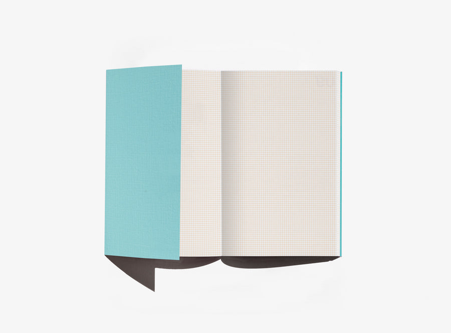 Open notebook with blue and white pages on a white background