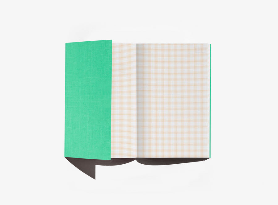 Open notebook with green cover and white pages on a white background